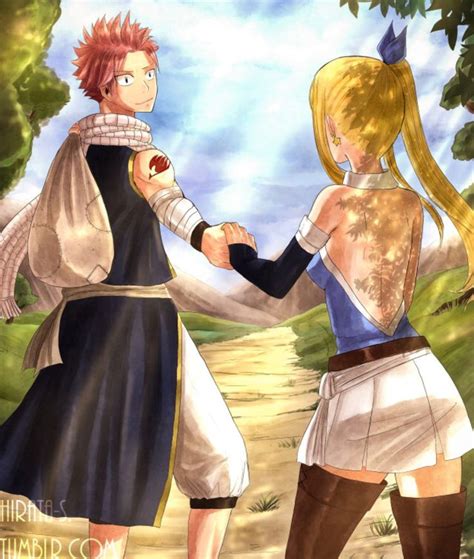 Two Anime Characters Holding Hands In Front Of Trees And Grass With