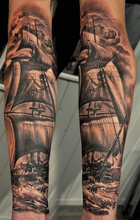 Black And Grey Pirate Ship Tattoo Design For Sleeve Ship Tattoo