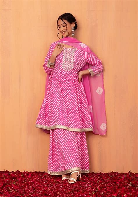Buy Women Pink Leheriya Print Cotton Sharara Pants With Kurta And
