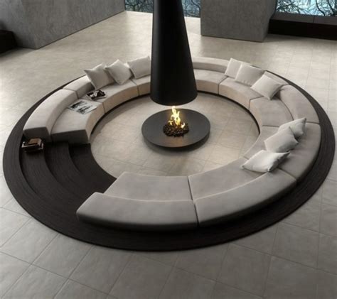 Circular Living Room Design With Fireplaces