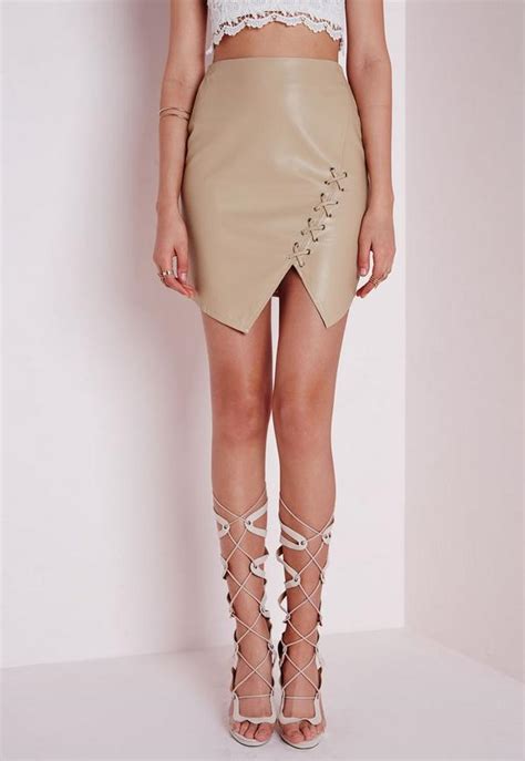 Lace Up Faux Leather Mini Skirt Tan Missguided