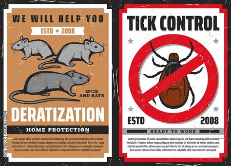 Pest Control Vector Design With Rat Or Mouse And Tick With Red Warning