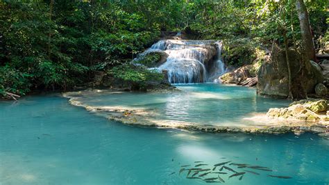 Photo Thailand Erawan Falls Kanchanaburi Nature Waterfalls 1920x1080