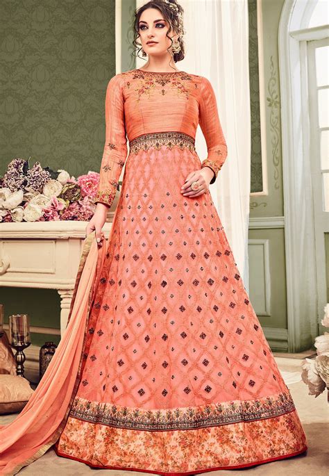 Buy Peach Color Net Wedding Anarkali Suit In Uk Usa And Canada
