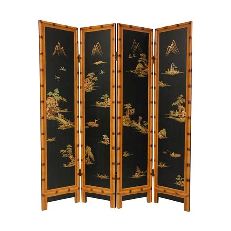 Oriental Furniture Ching 4 Panel Black Wood Folding Indoor Privacy