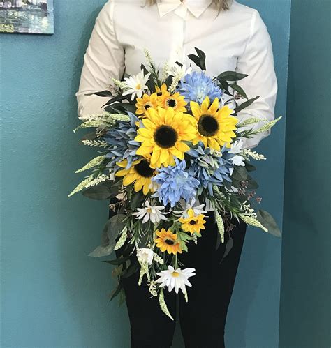 Dusty Blue Sunflower Cascading Bridal Bouquet Silk Blue Sunflower