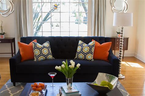 Contemporary Living Room With Navy Sofa And Colorful Pillows Hgtv