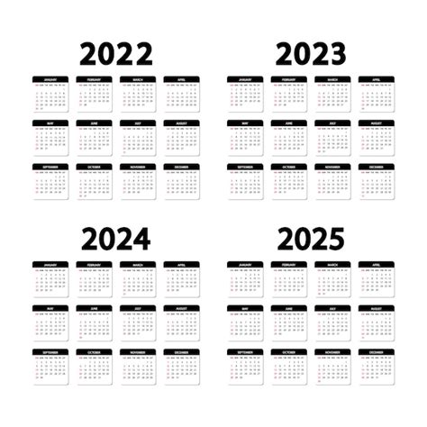 Calendário De 2022 2023 2024 E 2025 Anos A Semana Começa No Domingo