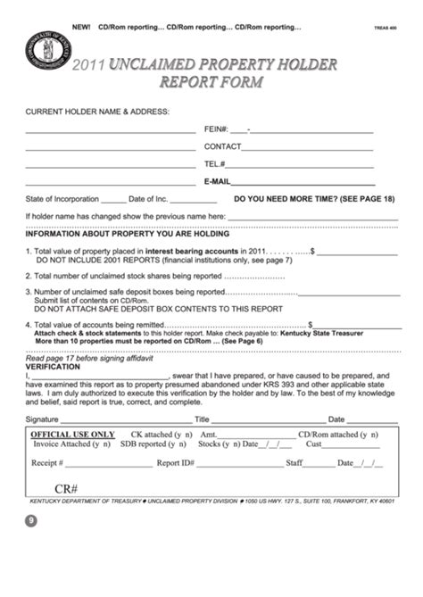 Form Treas 400 Unclaimed Property Holder Report Form 2011 Printable