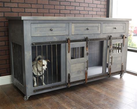 Rustic Dog Crate With Drawers And Sliding Barn Doors In Solid Wood And