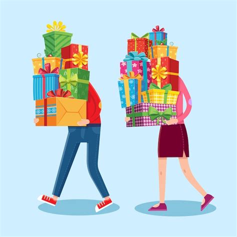 Premium Vector People Carry Ts Stacks Christmas Stacked Presents