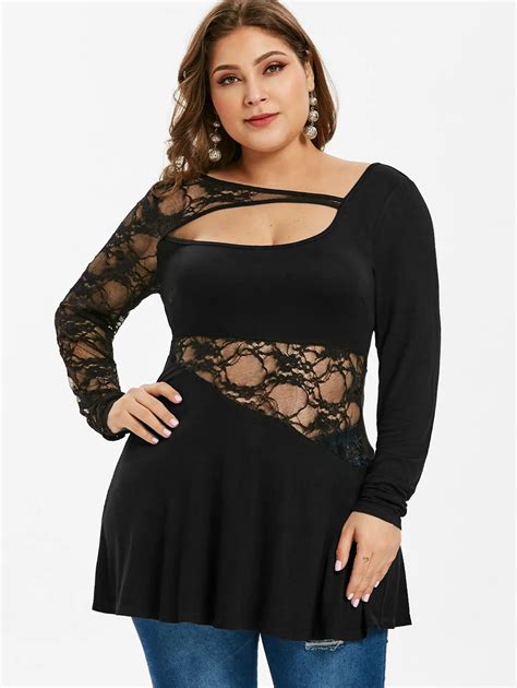 Wipalo Women Plus Size 5xl Lace Splicing Cutout T Shirt Sheer Lace