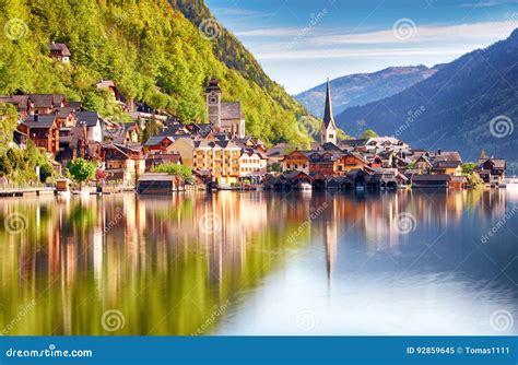 Famous Hallstatt Mountain Village And Hallstaetter Lake Austrain Alps