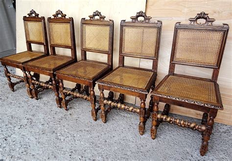 Set Of 5 Antique French Carved Oak Dining Chairs With Caned Back And S