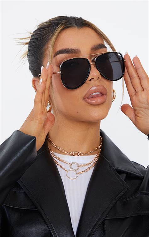 black oversized gold detail aviator sunglasses prettylittlething aus