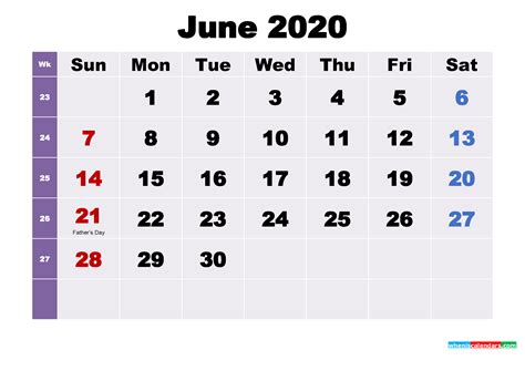 Printable June 2020 Calendar With Holidays