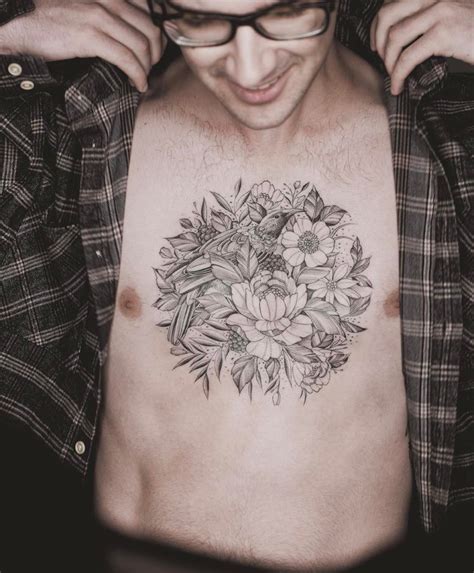 Mens Floral Chest Tattoo
