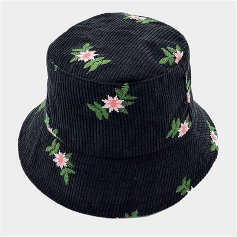 Wholesale Wa00 Embroidered Floral Corduroy Bucket Hat Black