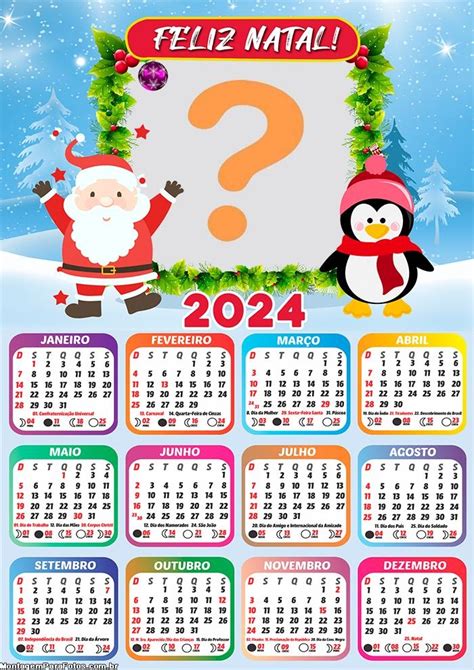 Calendário 2024 Pinguim E Papai Noel Feliz Natal Foto Moldura Colagem
