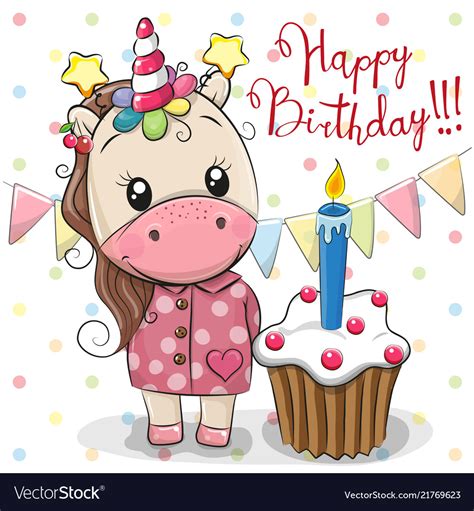 Greeting Card Cute Unicorn With Cake Royalty Free Vector