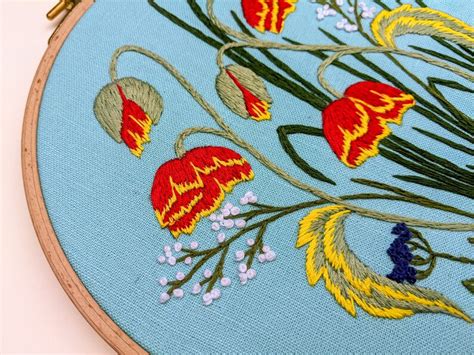 Floral Meadow Embroidery Pattern Video Tutorial Summer Red Etsy