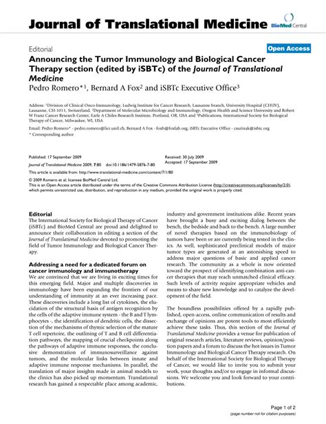 Pdf Announcing The Tumor Immunology And Biological Cancer Therapy