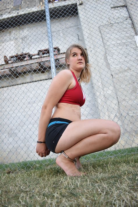 Woman Hands Cuffed Behind Back And Let Ironed Barefoot She Fully