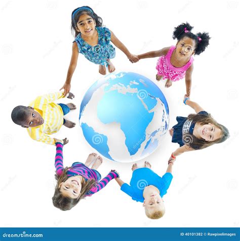 Multi Ethnic Children Holding Hands Around Globe Stock Photo Image Of