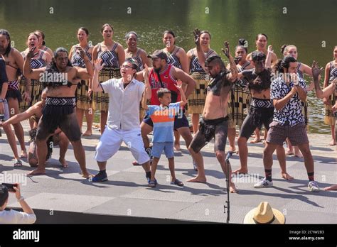 A New Zealand Maori Cultural Group Performing A Haka Traditional Dance