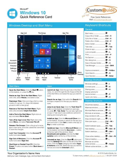 Microsoft Windows 10 Quick Reference Card Free Customguide Guide