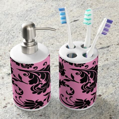 Black Floral Pink Soap Dispenser And Toothbrush Holder Zazzle
