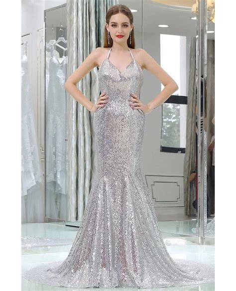 Sparkly Silver Sexy Sequined Mermaid Prom Dress With Long Train B029