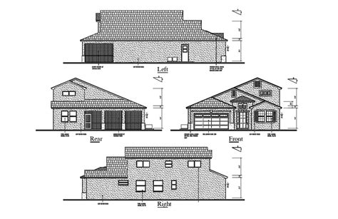 Dwg Drawing Four Side Traditional Elevation Of Huge Bungalow Autocad