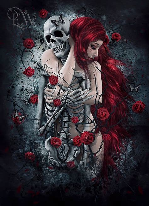 Gothic Red Haired Woman With Skull Skeleton And Red Roses Art Etsy Gothic Fantasy Art Rose