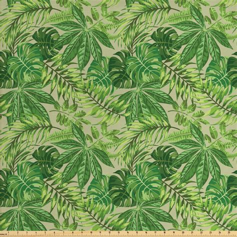 Green Leaf Fabric By The Yard Exotic Pattern With Tropical Leaves