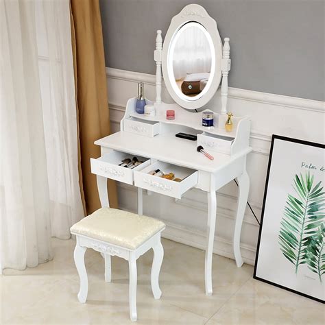 White Vanity Table For Teen Girls 29 5 X 15 7 X 56 Makeup Vanity Set With Cushioned Stool