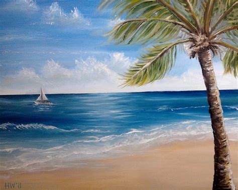 A Painting Of A Palm Tree And Sailboat On The Ocean Shore With Blue Sky