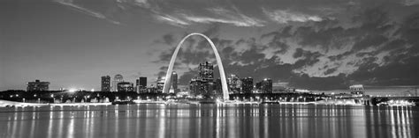 St Louis Skyline At Dusk Gateway Arch Black And White Bw Panorama