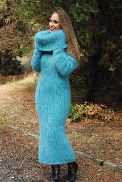 Hand Knitted Mohair Sweater Dress Thick Cowlneck Pullover Long By Sseu