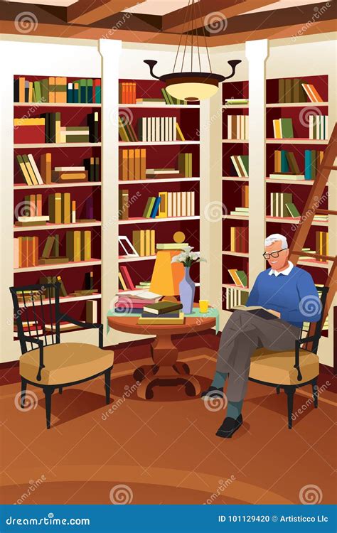 Senior Man Reading A Book In The Library Stock Vector Illustration Of