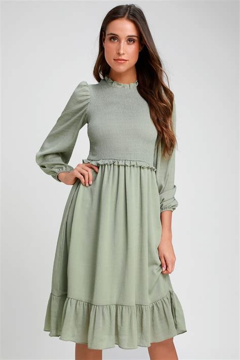 Team it with wedges and a straw hat to nail that summer vibe. Sage Green Midi Dress - Long Sleeve Dress - Smocked Dress ...