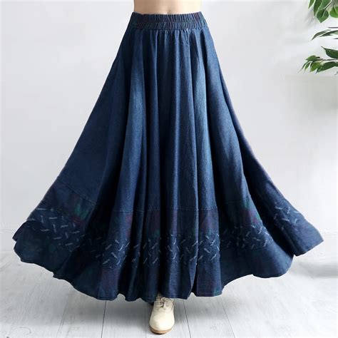 Free Shipping 2018 Long Maxi A Line Skirts Women Elastic Waist Spring And Autumn Denim Jeans