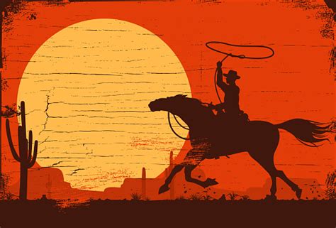 Silhouette Of A Cowboy Riding Horse At Sunset On A Wooden Sign Vector