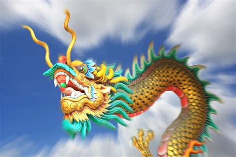 Zoom Blurring China Dragon Statue Flying In The Sky Stock Image