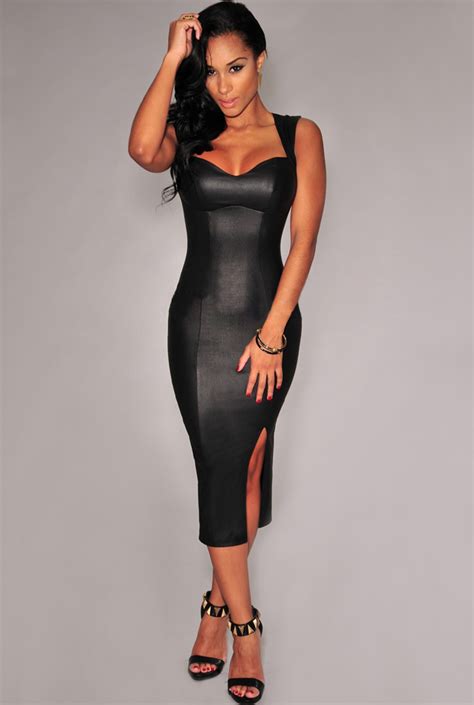 Sexy Black Faux Leather Clubwear Dress N10851