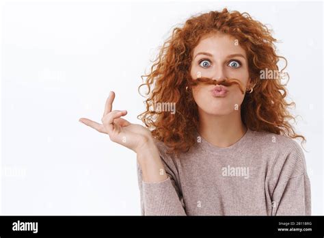 Close Up Portrait Playful Funny Gorgeous Redhead Curly Woman Making Goofy Face Making
