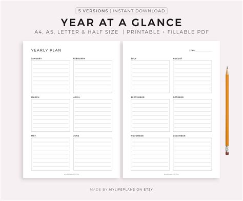 Year At A Glance Two Page Yearly Planner Printable 12 Month Etsy