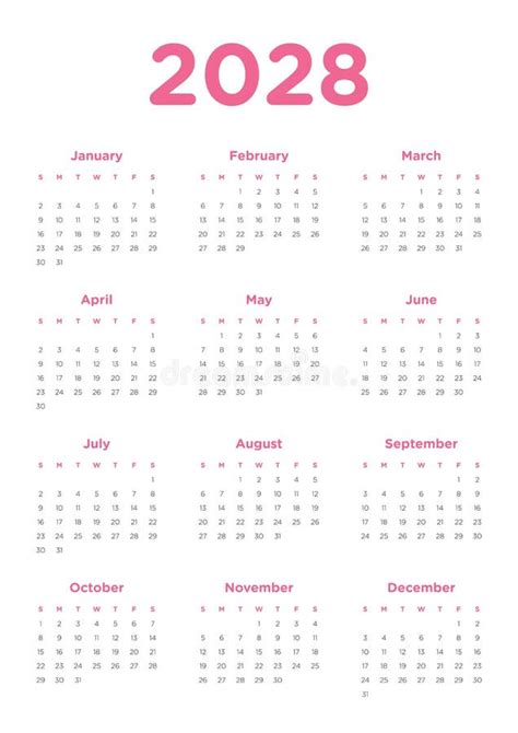 Calendar 2028 Template Vector Simple Minimal Design Planner 2028 Year