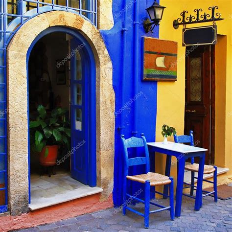 Traditional Greek Streets With Small Tavernas Stock Photo Maugli