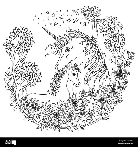 Vector Coloring Beauty Magic Unicorn And Foal In Circle Floral